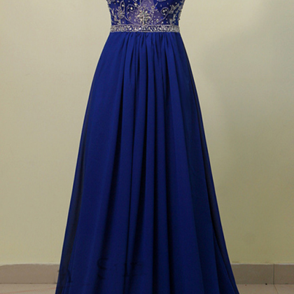 Cap Sleeve Dark Blue Chiffon Prom Dresses Crystals..