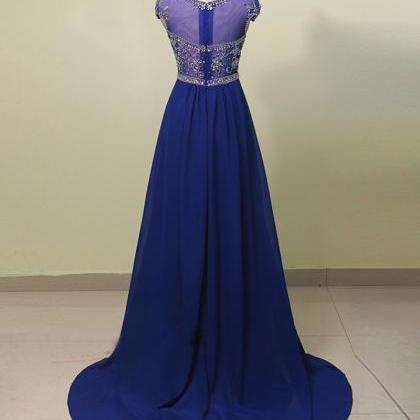 Cap Sleeve Dark Blue Chiffon Prom Dresses Crystals..