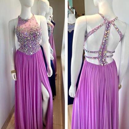 Purple Chiffon Prom Dresses, Open Back Prom..