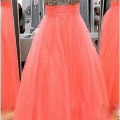 Scoop Neck Long Tulle Prom Dresses Crystals Beaded..