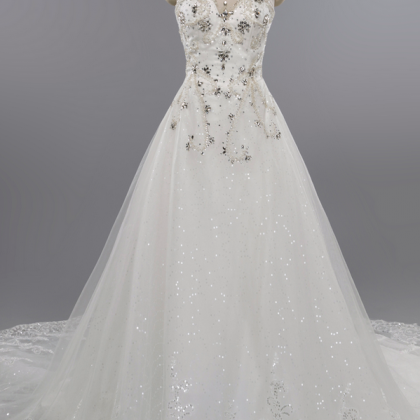 A-line Lace Applique Sequined Wedding Dress,shiny..