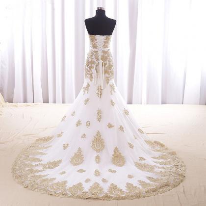  Real Wedding Dress,Gold Lace Appli..