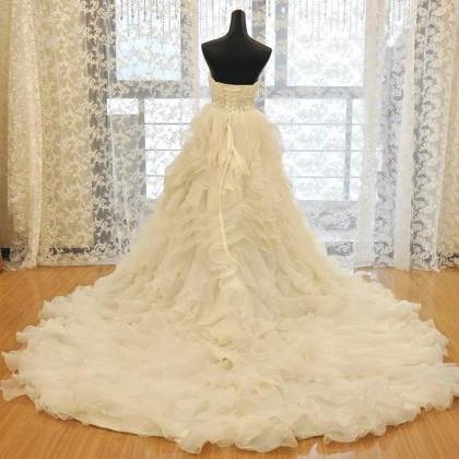 White Strapless Bead A Line Tulle Long Wedding..
