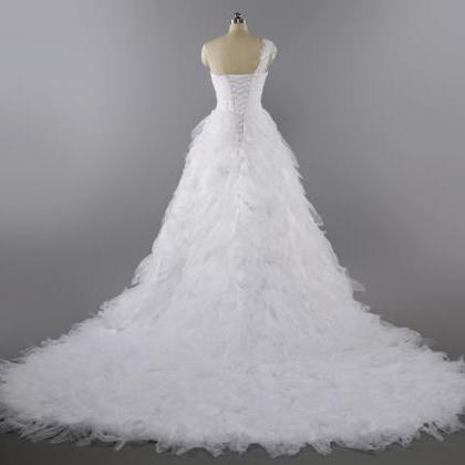 One-shoulder Wedding Dress, Lace Applique Wedding..