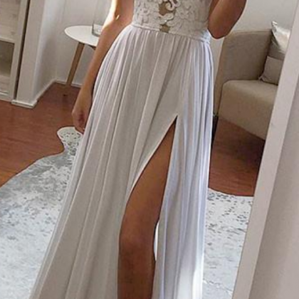 Simple White Lace Chiffon Long Evening Prom Dress