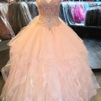 Pink V Neck Tulle Sequin Beads Long Evening Prom..