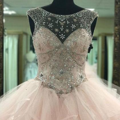 Ball Gown Pink Round Neck Tulle Beads Long Prom..