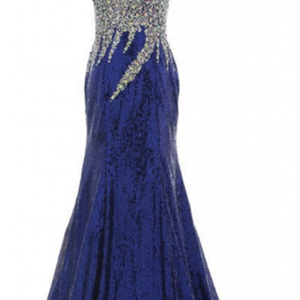 Shining Royal Blue Side Slit Prom Dresses With..