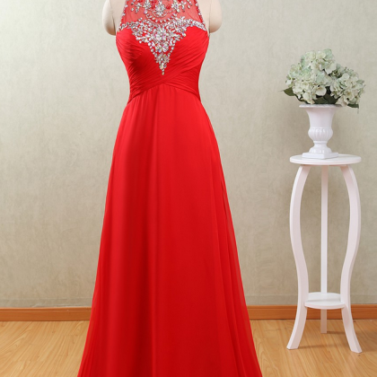 Crystals Scoop Chiffon Red Long Prom Dresses Fast..