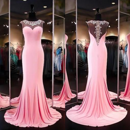 Illusion Jewel Neck Stretch Satin Prom Dresses