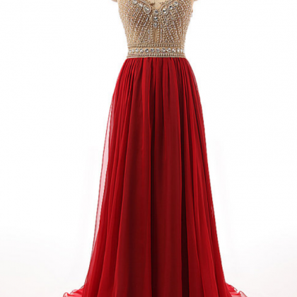 Red Sleeveless V-neck Beaded Long Prom Dress With..