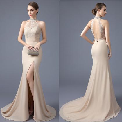 Backless Champagne Mermaid Prom Dresses,high Neck..