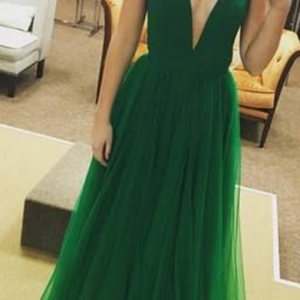 Plunging Neck Long Green Prom Dress With..
