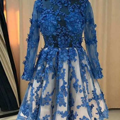 Attractive Blue Lace Short Prom Dress, Blue Lace..
