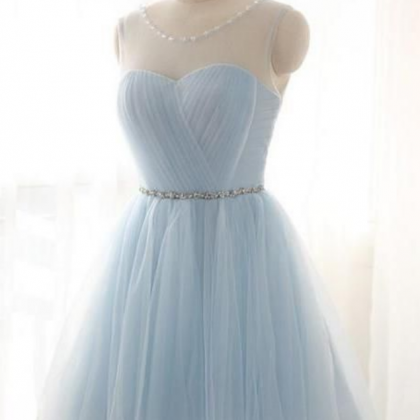 A-line Jewel Light Blue Tulle Short Homecoming..