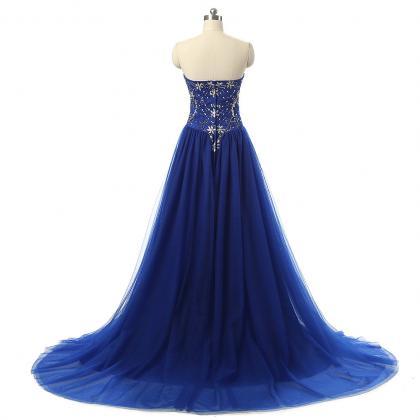 Prom Dresses , Royal Blue Beading Tulle Long Prom..