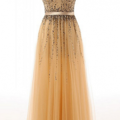 Beaded Gold Long Cap Sleeves Modest Prom Party..