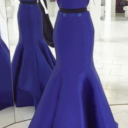 Blue Prom Dresses Round Neck Beading Mermaid Satin..