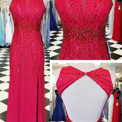 Red Prom Dresses Round Neck Beading Floor-length..