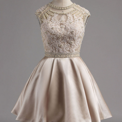 Satin Homecoming Dress With Lace Appliques, Cap..