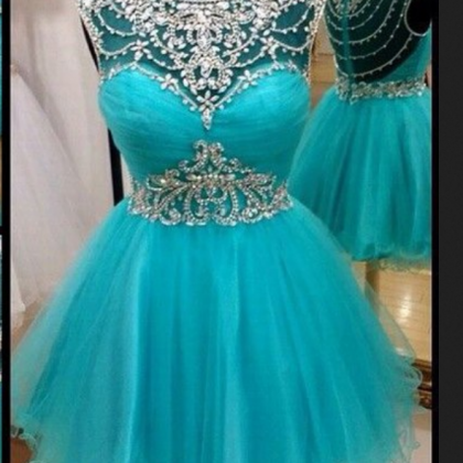 A-line Illusion Neck Tulle With Beaded Homecoming..