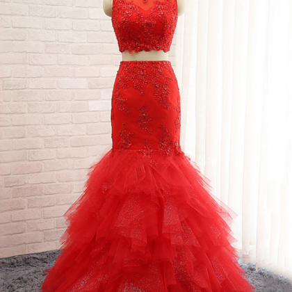 Red Two Piece Prom Dresses With Lace Appliques,..