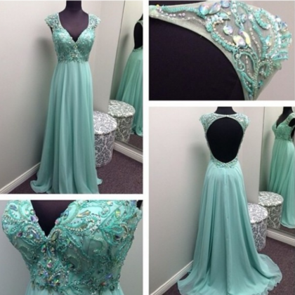 Custom Made Beads Prom Dresses, V-neck Prom..