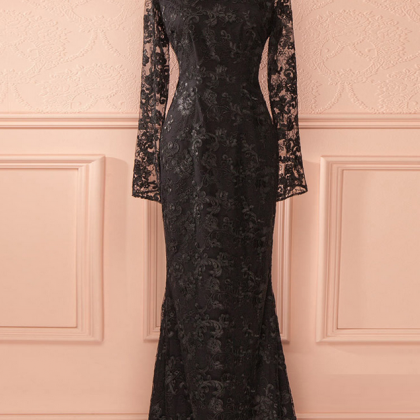 Prom Dress,black Prom Dress,long Sleeve Lace Prom..