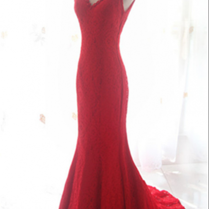 Red V-neck Mermaid Prom Dresses,sweep Train Lace..