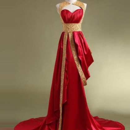 Red Long A-line Sweetheart Satin Court Train Prom..