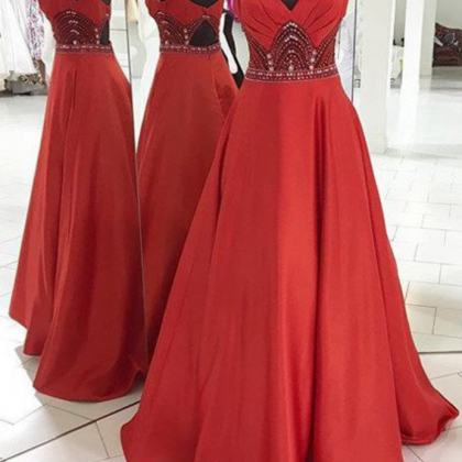 Red Prom Dresses Spaghetti Straps Crystal A-line..