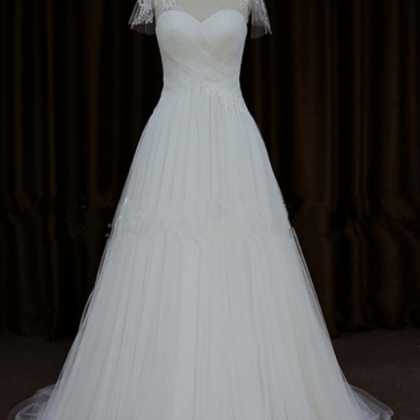 Sheer Short-sleeved Ruched Tulle A-line Wedding..