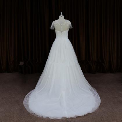 Sheer Short-sleeved Ruched Tulle A-line Wedding..