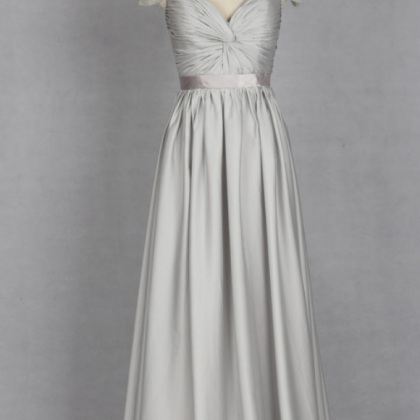 Silver Evening Dress, V-neck Evening Dress Made..