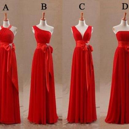 Red Mismatch Chiffon Long Bridesmaid Dresses, Red..
