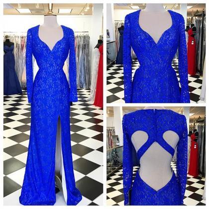 Royal Blue Prom Dresses,lace Evening Dress,sexy..