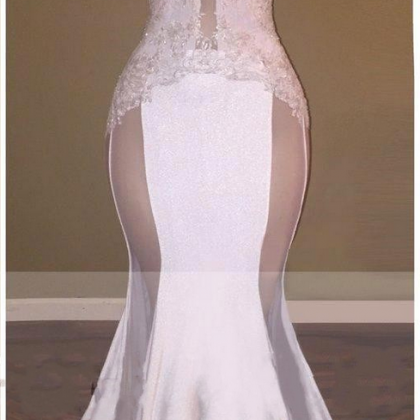Sexy Mermaid Appliques Sheer Evening Gown White..
