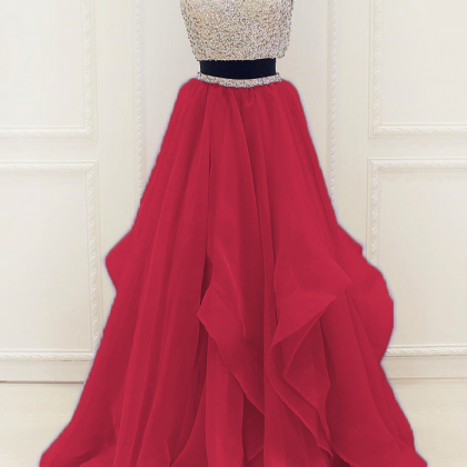 Halter Two-piece Beaded Ruffle A-line Long Prom..
