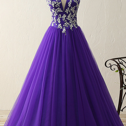 Prom Dresses,purple Sweetheart Deep V Neck Appliques Beads Ball Gown ...