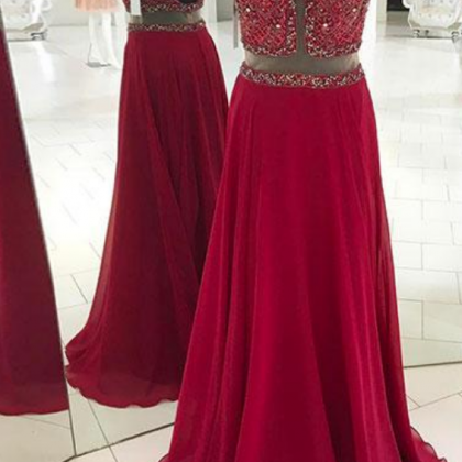 Red Beaded Long Prom Dress,backless Evening Dress