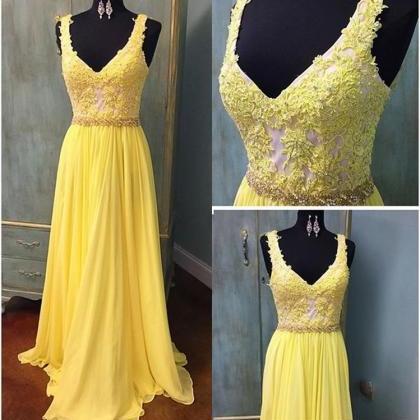 Elegant Yellow Formal Dress V Neck Party..