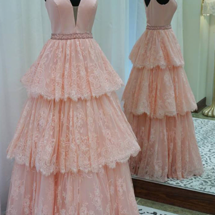 A Line High Quality Blush Pink Lace Prom..