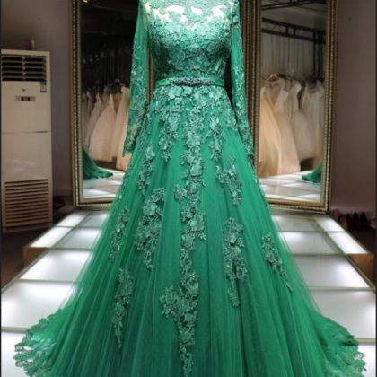 Sexy Green Lace Prom Dress,lace Long Sleeve Prom..
