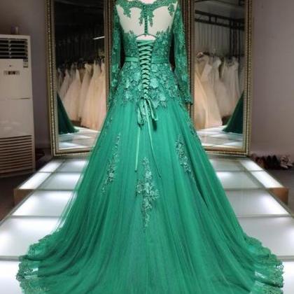 Sexy Green Lace Prom Dress,lace Long Sleeve Prom..
