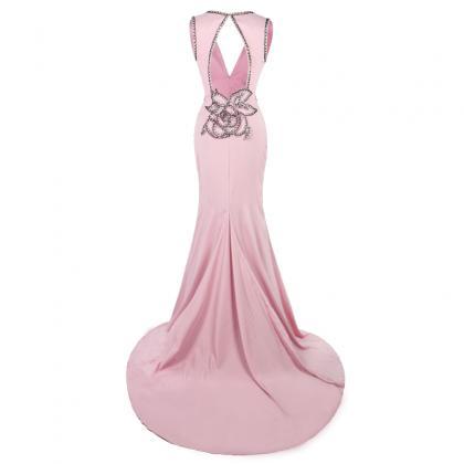 Pink Sleeveless Mermaid Evening Dresses Beaded..