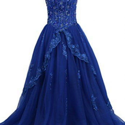 Charming Prom Dress, Royal Blue Tulle Appliques..