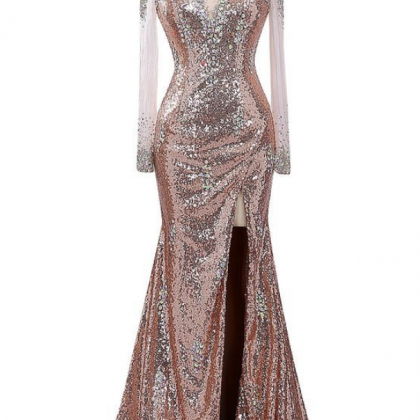 Women's Champagne Sequins Prom Dress..