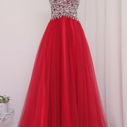 Red A-line V-neck Floor-length Beaded Crystal Prom..