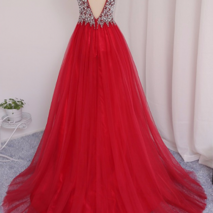 Red A-line V-neck Floor-length Beaded Crystal Prom..