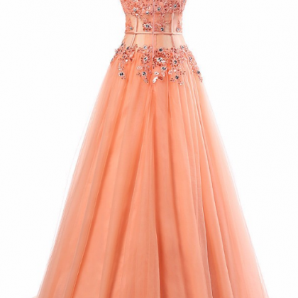 Coral Appliques See Through Corset Formal Dresses..